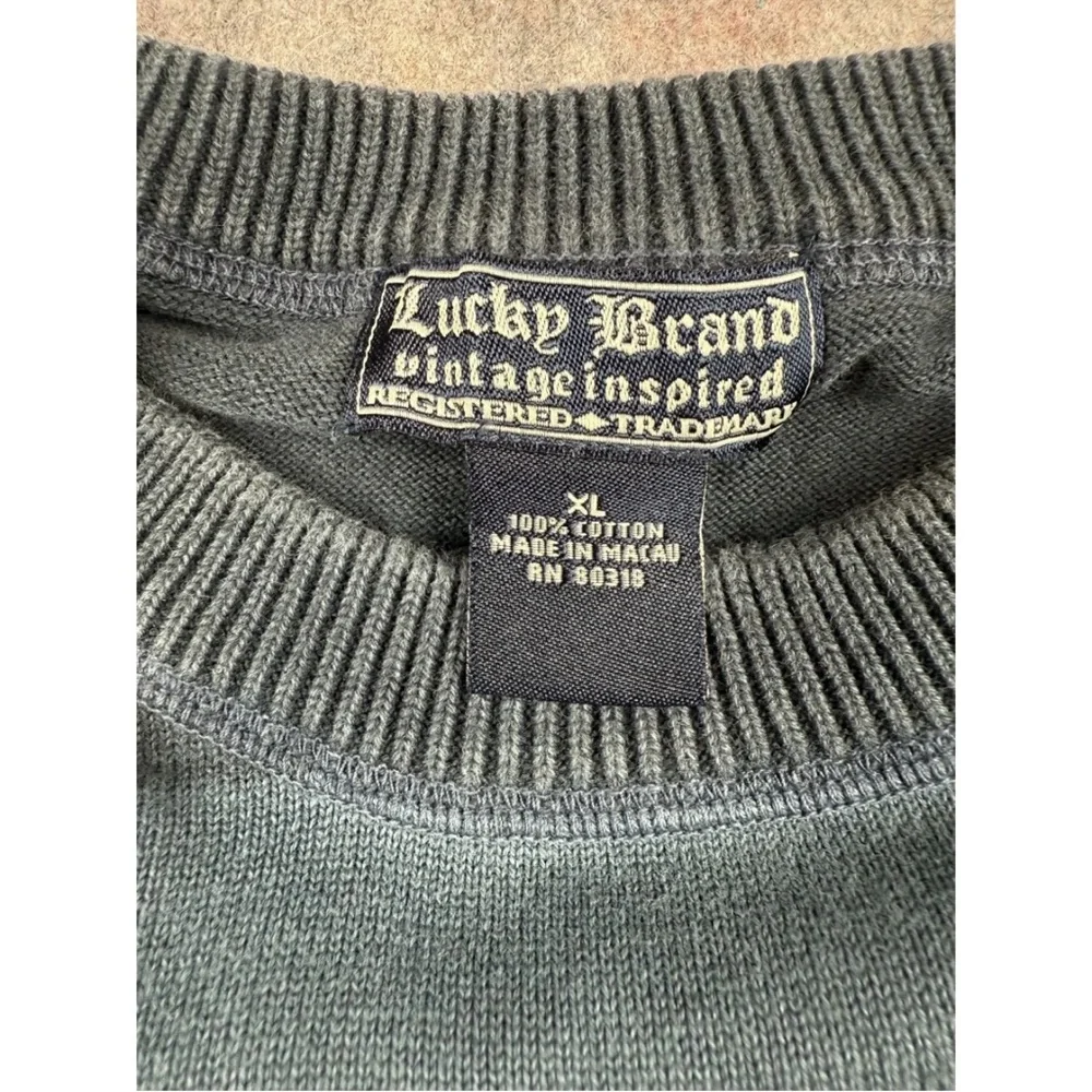 Lucky Brand Sweater Men XL Blue Black Striped Knit Classic Crew Neck Long Sleeve